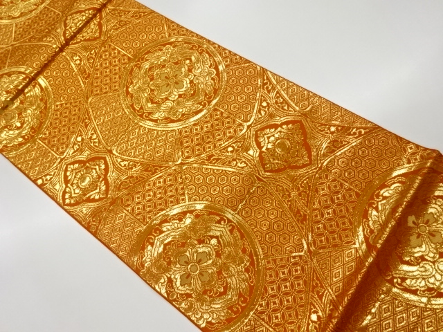 JAPANESE KIMONO / VINTAGE FUKURO OBI / WOVEN FLOWER CREST & TRADITIONAL PATTERN